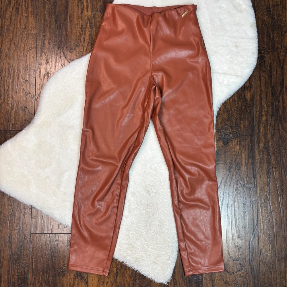 Fabletics Faux Leather Leggings Medium Brown High-Rise Side Zip Skinny